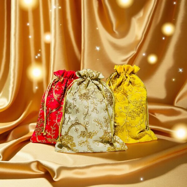 Embroidered Drawstring Potli Bag – Red, Cream & Yellow Ethnic Gift Bags