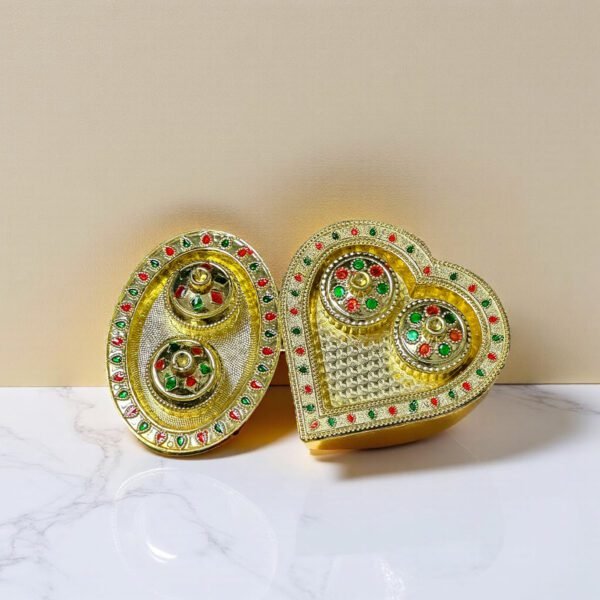Golden Kumkum Tilak Box Set – Decorative Heart & Oval Shape Sindoor Container for Pooja Per Piece