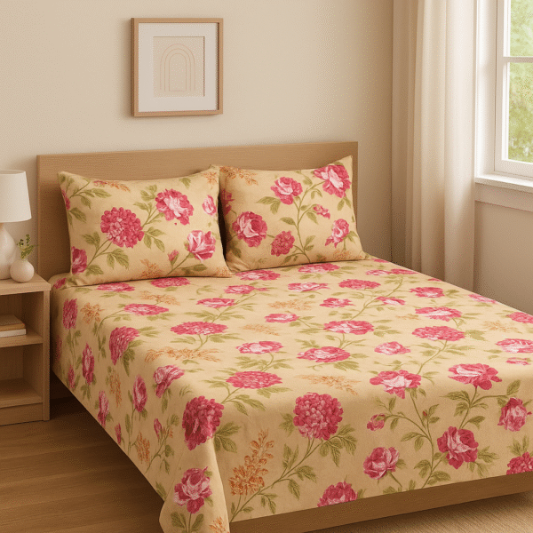 Beige Cotton Bedsheet With Pink Floral Print & Matching Pillow Covers