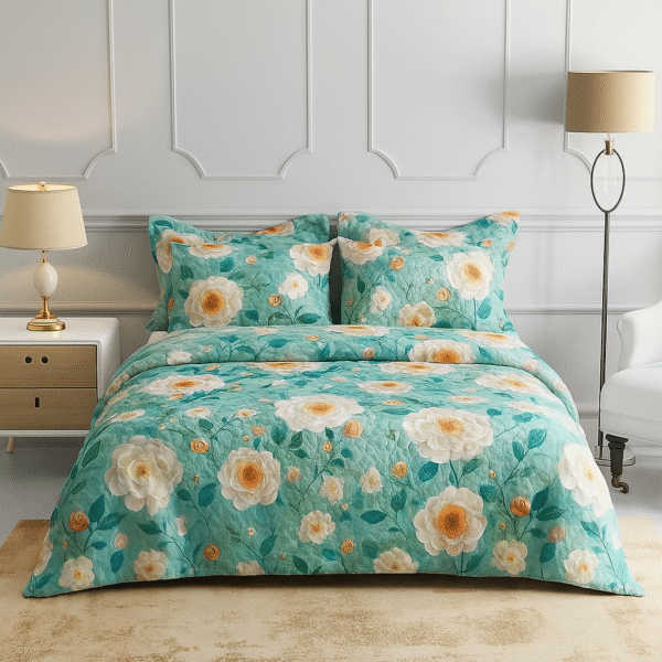 HF design 1 Luxury Turquoise Floral Bedsheet With Large Rose Print – Premium Double Bed Sheet