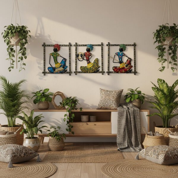 Handcrafted Tribal Musician Wall Hanging Set (3 Pieces) – Colorful Metal Wall Art