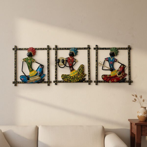 Handcrafted Tribal Musician Wall Hanging Set (3 Pieces) – Colorful Metal Wall Art