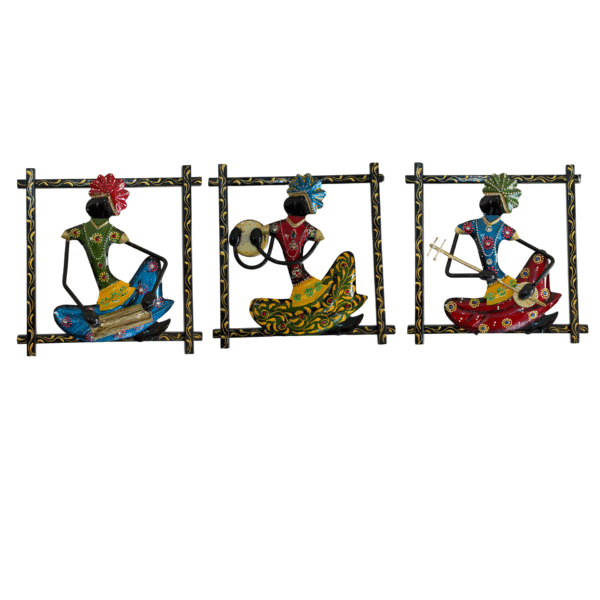 Handcrafted Tribal Musician Wall Hanging Set (3 Pieces) – Colorful Metal Wall Art