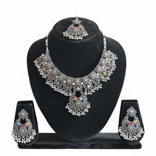 Oxidised Silver Floral Necklace Set Multicolor Antique Jewelry image 1 Oxidised Silver Floral Necklace Set Multicolor Antique Jewelry