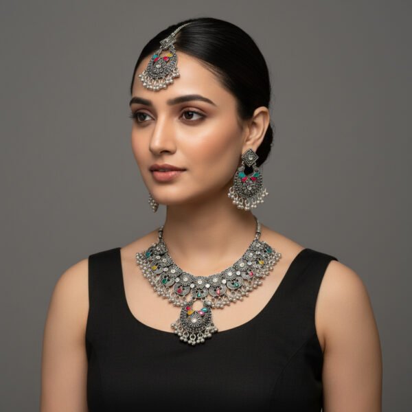 Oxidised Silver Floral Necklace Set Multicolor Antique Jewelry image 2 Oxidised Silver Floral Necklace Set Multicolor Antique Jewelry