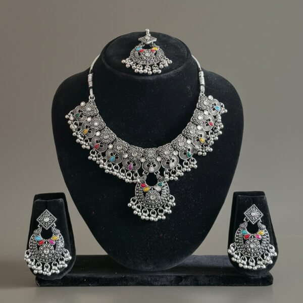 Oxidised Silver Floral Necklace Set Multicolor Antique Jewelry image 3 Oxidised Silver Floral Necklace Set Multicolor Antique Jewelry