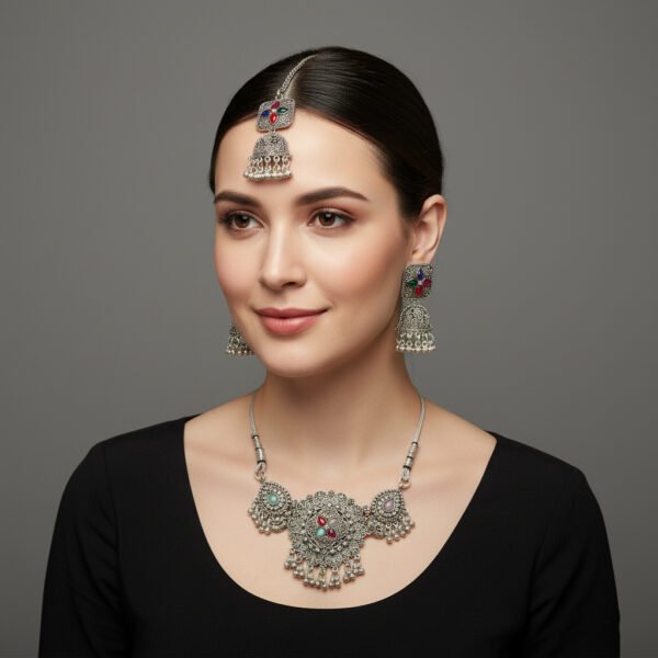 Oxidised Silver Necklace Set with Multicolor Stones | Choker Necklace, Earrings & Tikka