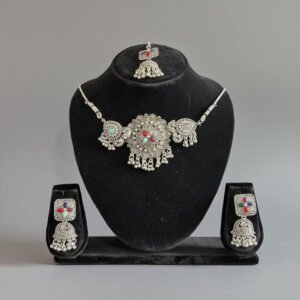 Oxidised Silver Necklace Set with Multicolor Stones