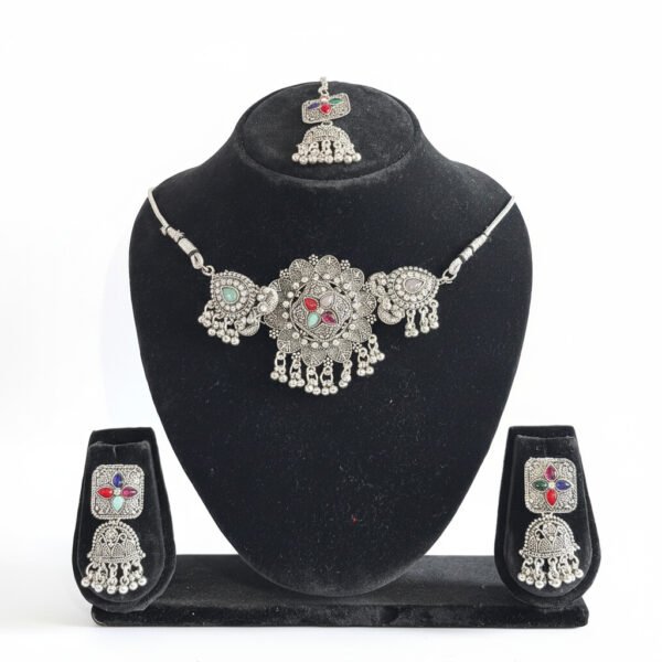 Oxidised Silver Necklace Set with Multicolor Stones