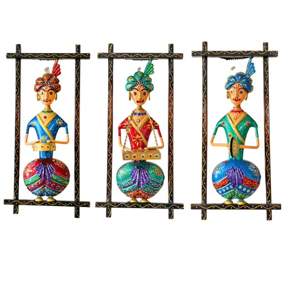 Rajasthani Sitting Musician Wall Hanging Set (3 Pieces) – Handcrafted Metal Wall Art, Colorful