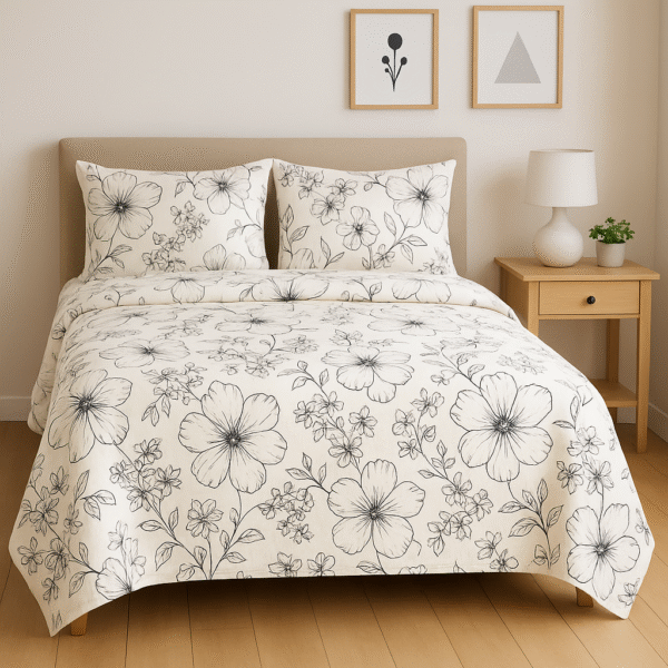 beedsheet 8 White & Black Floral Outline Bedsheet With Pillow Covers – Minimal Modern Design