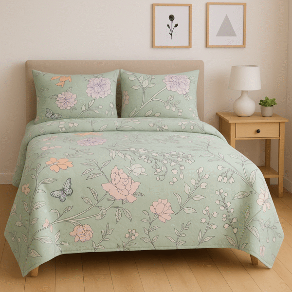 beedsheet 9 Pastel Green Bedsheet With Soft Floral & Butterfly Print – Double Bed