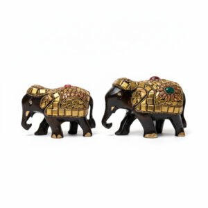 Handcrafted Wooden Elephant Figurine Set with Stone Work – Black & Gold Royal Home Decor