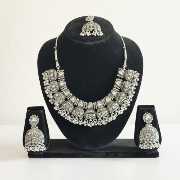 Handcrafted Oxidized Silver Necklace Set with Earrings & Maang Tikka – Ethnic Indian Jewelry