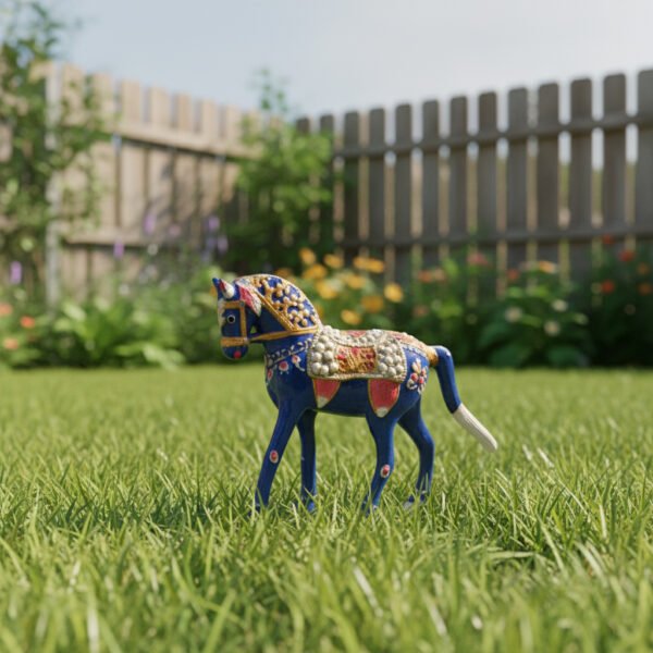 Handcrafted Blue Metal Horse Figurine | Decorative Rajasthani Horse Statue with Pearl & Enamel Work