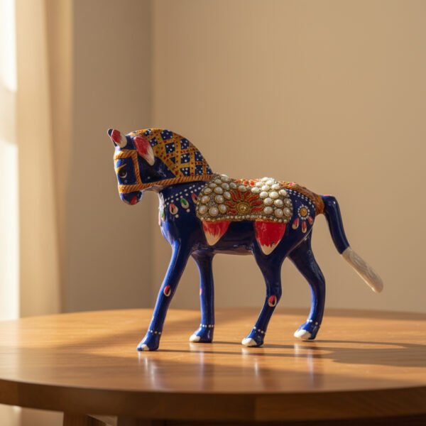 Handcrafted Blue Metal Horse Figurine | Decorative Rajasthani Horse Statue with Pearl & Enamel Work