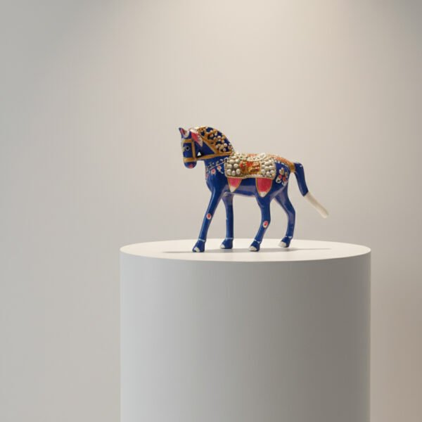 Handcrafted Blue Metal Horse Figurine | Decorative Rajasthani Horse Statue with Pearl & Enamel Work