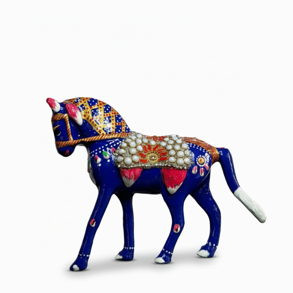 Handcrafted Blue Metal Horse Figurine | Decorative Rajasthani Horse Statue with Pearl & Enamel Work