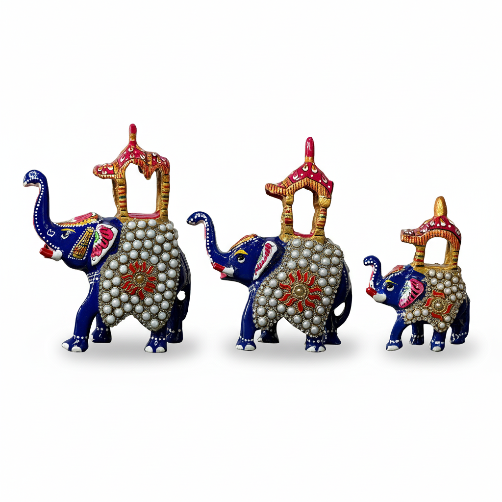 metal Ambabari image 2 Handcrafted Blue Metal Ambabari Elephant Figurines – Set of 3 | Decorative Royal Elephants with Pearl Work & Enamel Detailing