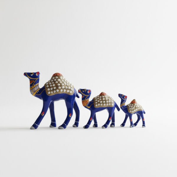 Handcrafted Blue Metal Camel Figurines – Set of 3 | Decorative Rajasthani Camel Showpiece with Pearl Work & Enamel Detailing