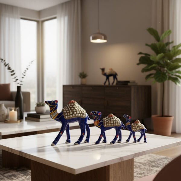 Handcrafted Blue Metal Camel Figurines – Set of 3 | Decorative Rajasthani Camel Showpiece with Pearl Work & Enamel Detailing