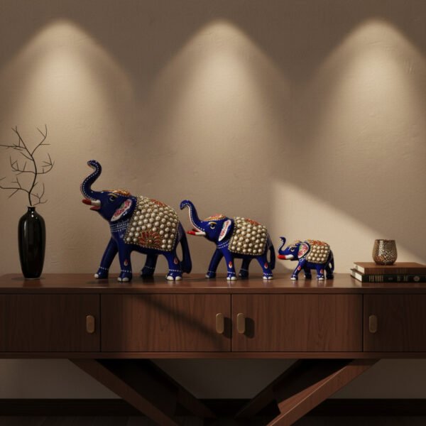 Handcrafted Blue Metal Elephant Figurines – Set of 3 | Decorative Rajasthani Elephant Showpieces with Pearl & Enamel Work
