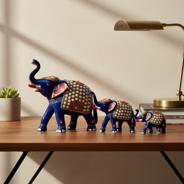 Handcrafted Blue Metal Elephant Figurines – Set of 3 | Decorative Rajasthani Elephant Showpieces with Pearl & Enamel Work