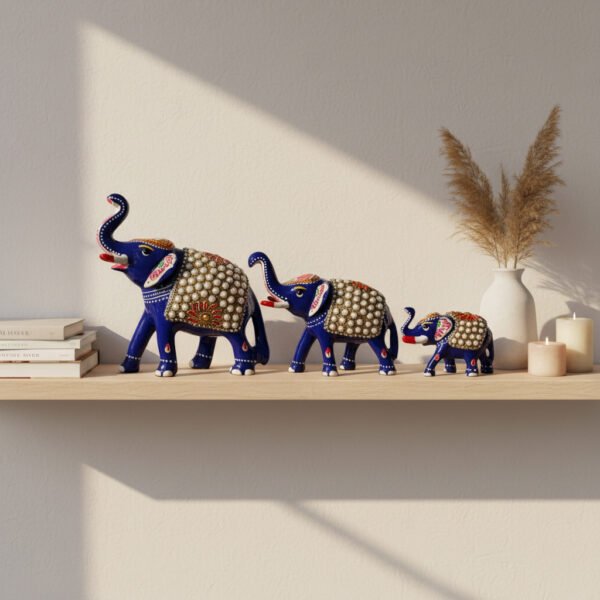 Handcrafted Blue Metal Elephant Figurines – Set of 3 | Decorative Rajasthani Elephant Showpieces with Pearl & Enamel Work