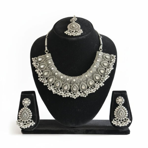 Handcrafted Oxidized Silver Teardrop Necklace Set with Earrings & Maang Tikka – Antique Indian Jewelry