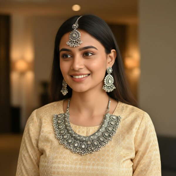 Handcrafted Oxidized Silver Teardrop Necklace Set with Earrings & Maang Tikka – Antique Indian Jewelry