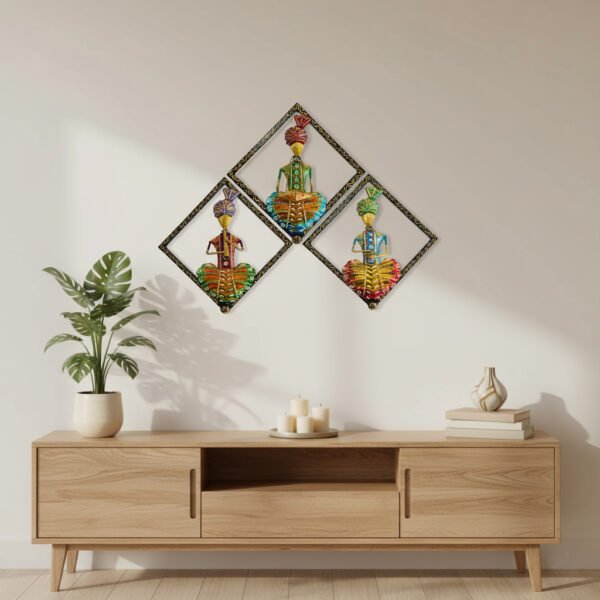 wall hanging design 2 Handcrafted Metal Rajasthani Man Wall Art – Set of 3