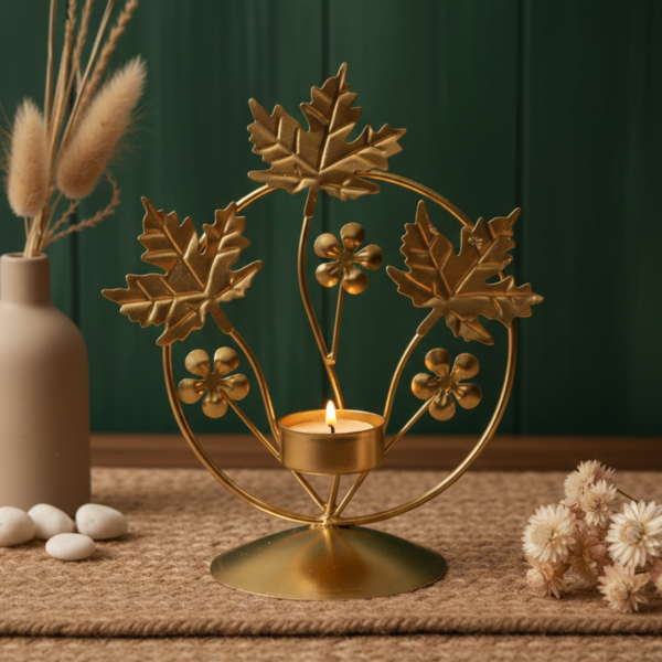 Gold Maple Leaf Tea Light Candle Holder – Elegant Metal Table Decor Stand