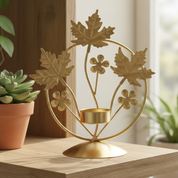 Gold Maple Leaf Tea Light Candle Holder – Elegant Metal Table Decor Stand