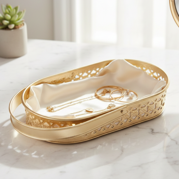 Gold Metal Decorative Tray image 6 Gold Metal Decorative Basket Tray with Handle – Luxury Oval Storage Basket for Home Decor, Bathroom, Vanity & Gift Hamper