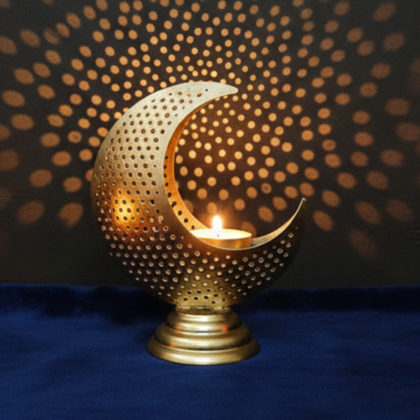 Gold Perforated Crescent Moon Candle Holder – Metal Tea Light Decor