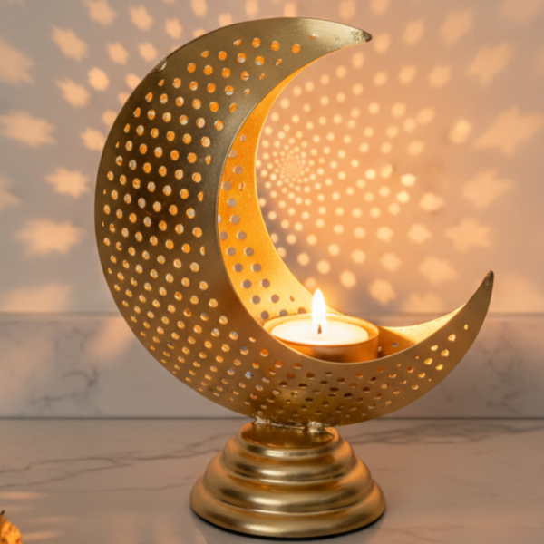 Gold Perforated Crescent Moon Candle Holder – Metal Tea Light Decor