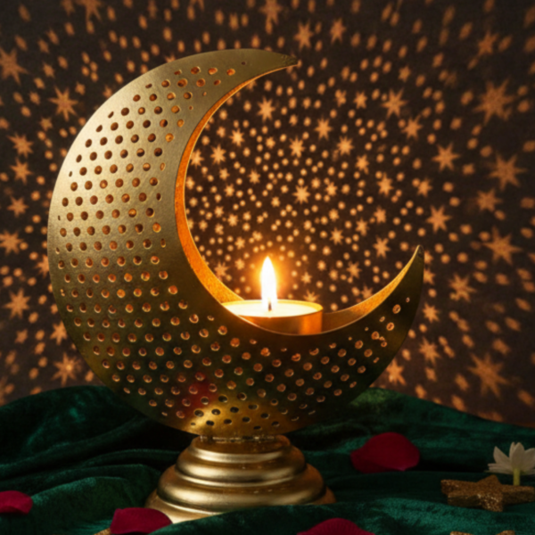 Gold Perforated Crescent Moon Candle Holder – Metal Tea Light Decor