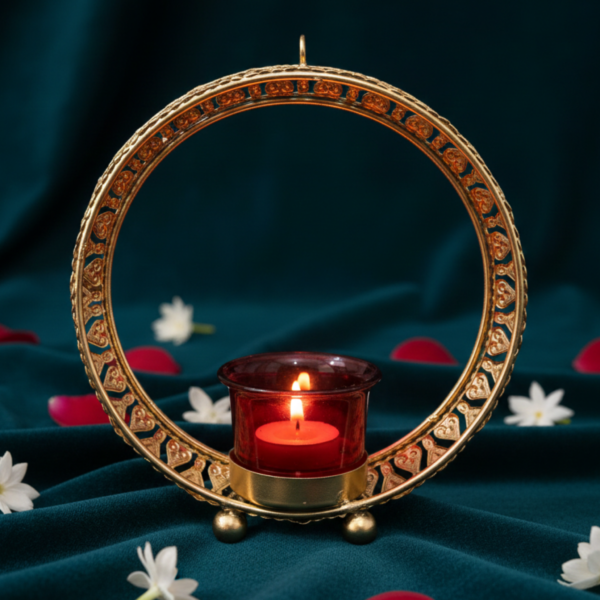 Gold Ring Tea Light Candle Holder with Glass Cup – Modern Metal Decor