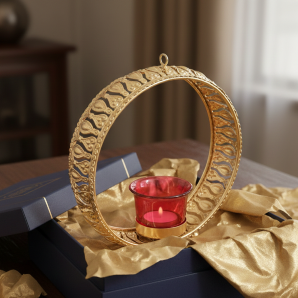 Gold Ring Tea Light Candle Holder with Glass Cup – Modern Metal Decor