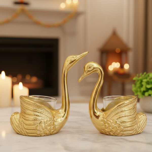 Gold Swan Tea Light Candle Holder Set – Elegant Bird Metal Decor