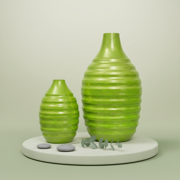 Modern Green Metal Decorative Vase Set – Ribbed Texture Flower Vase for Home Decor
