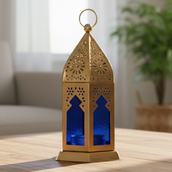 Small Moroccan Metal Decorative Lantern – Gold Tea Light Holder with Colored Glass | Tabletop & Hanging Candle Lantern