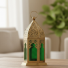Small Moroccan Metal Decorative Lantern – Gold Tea Light Holder with Colored Glass | Tabletop & Hanging Candle Lantern