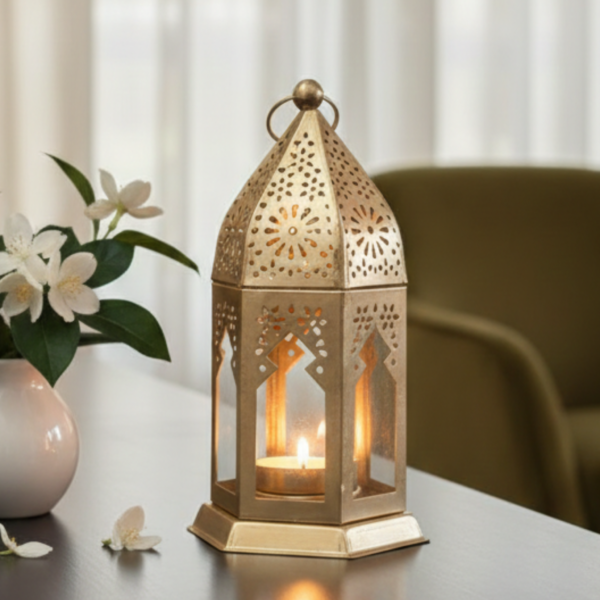 Small Moroccan Metal Decorative Lantern – Gold Tea Light Holder with Colored Glass | Tabletop & Hanging Candle Lantern