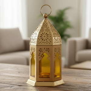Small Moroccan Metal Decorative Lantern – Gold Tea Light Holder with Colored Glass | Hanging & Table Decor