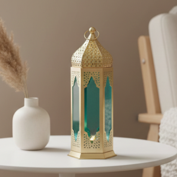 Moroccan Metal Decorative Lantern – Gold Tea Light Holder with Colored Glass | Hanging & Table Decor