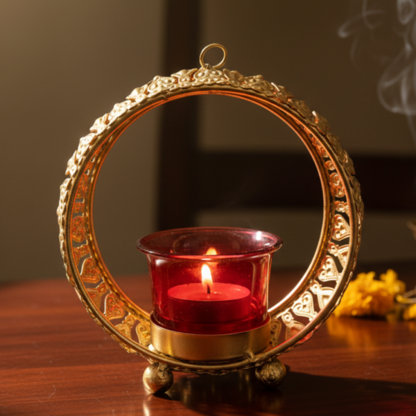 Small Gold Halo Tea Light Candle Holder with Red Glass – Metal Decor image 2 Small Gold Halo Tea Light Candle Holder with Red Glass – Metal Decor