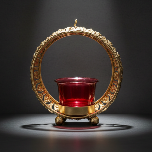 Small Gold Halo Tea Light Candle Holder with Red Glass – Metal Decor image 3 Small Gold Halo Tea Light Candle Holder with Red Glass – Metal Decor