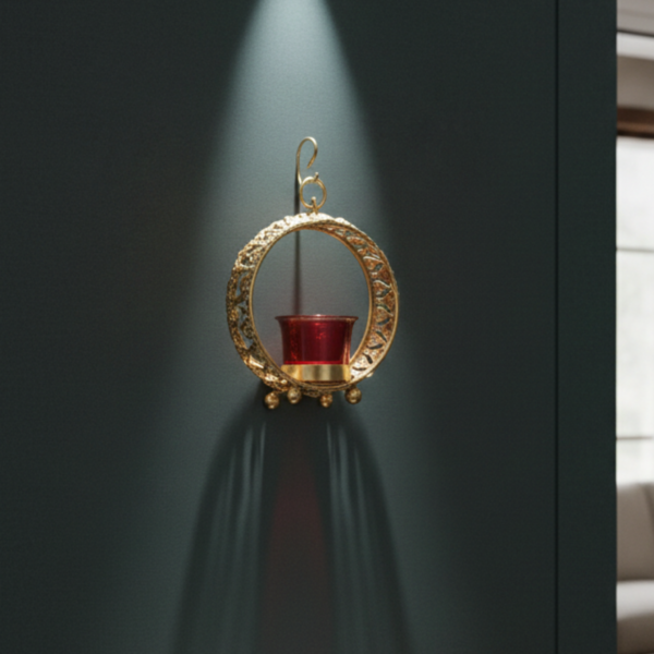 Small Gold Halo Tea Light Candle Holder with Red Glass – Metal Decor image 5 Small Gold Halo Tea Light Candle Holder with Red Glass – Metal Decor