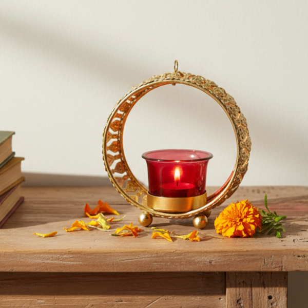 Small Gold Halo Tea Light Candle Holder with Red Glass – Metal Decor image 6 Small Gold Halo Tea Light Candle Holder with Red Glass – Metal Decor